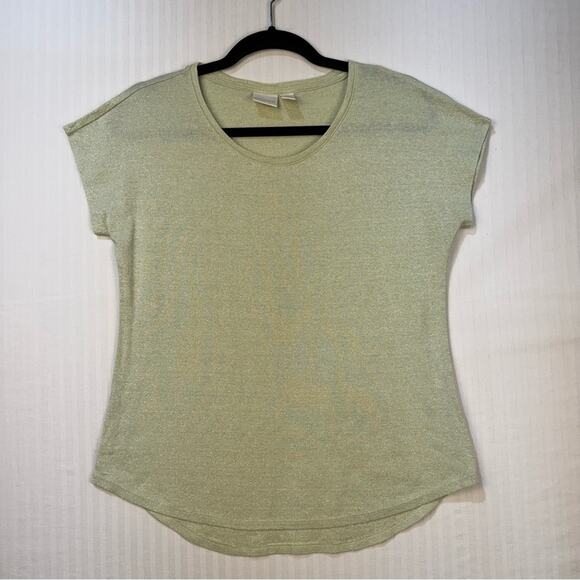 Chico’s Pastel Mint Green Metallic Rounded Hem Top Women's 1/Medium Scoop Neck - Picture 1 of 4